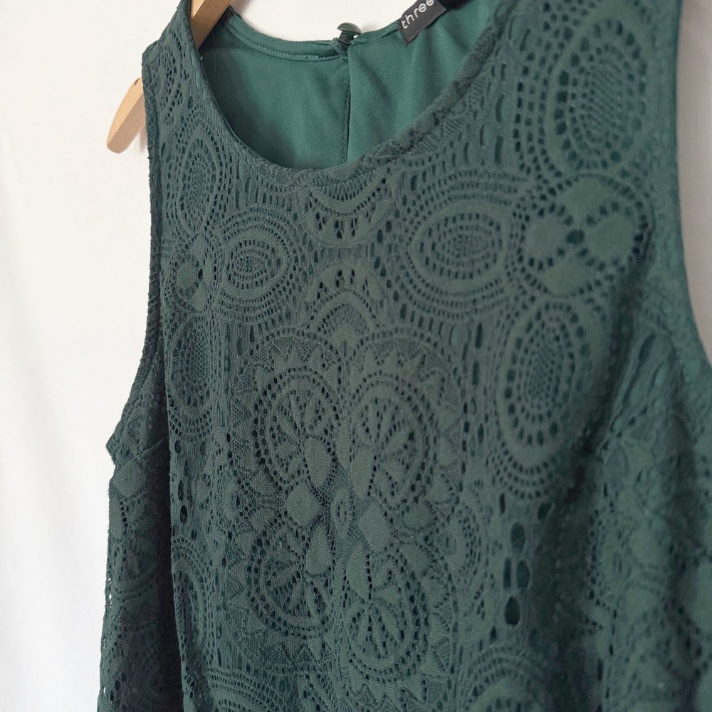 Three Pink Hearts Lace Lined Women's Medium Green Tank Boho Feminine Office - Picture 2 of 9